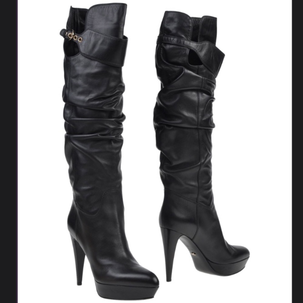 Sergio Rossi Black Leather Pull-On Tall Knee-High Platform Boots Sz 7 US /37 EU